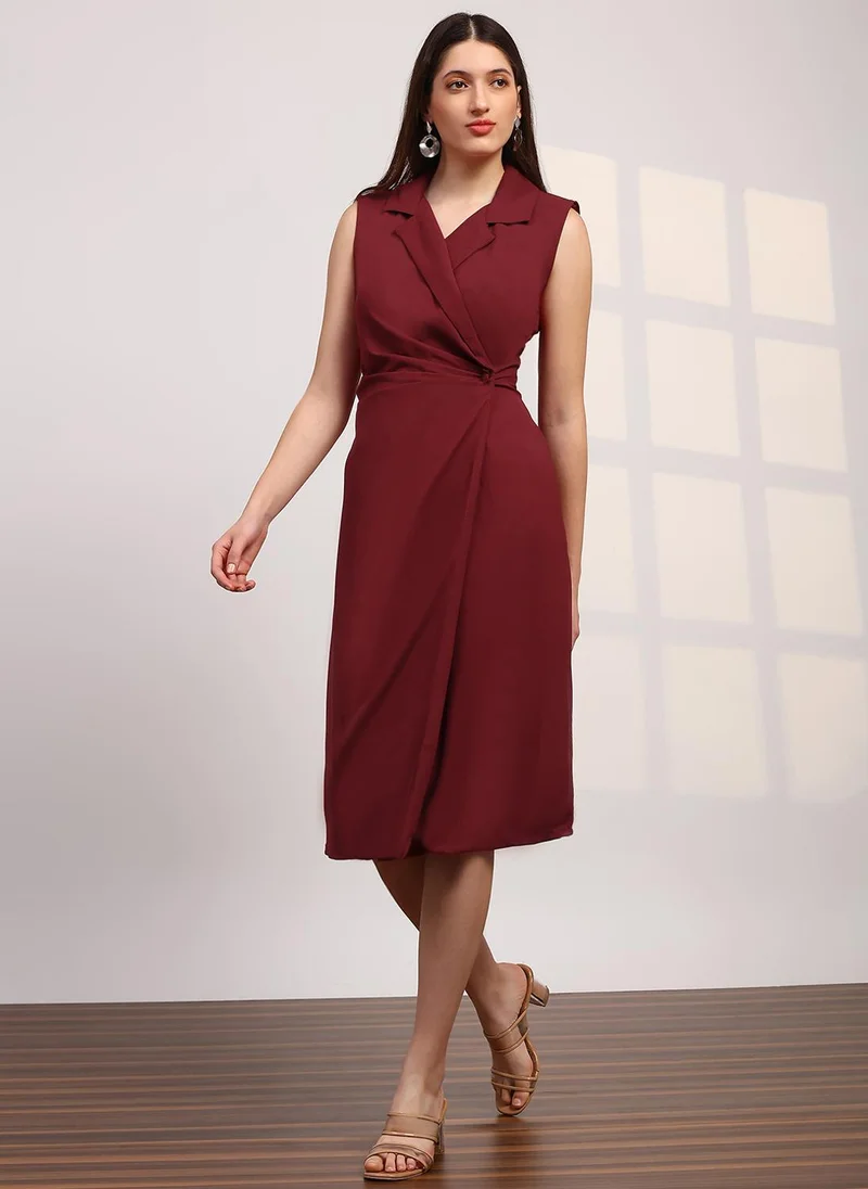 globus Globus Women Maroon Notch Lapel Pleated Detail Midi Workwear Blazer Dress